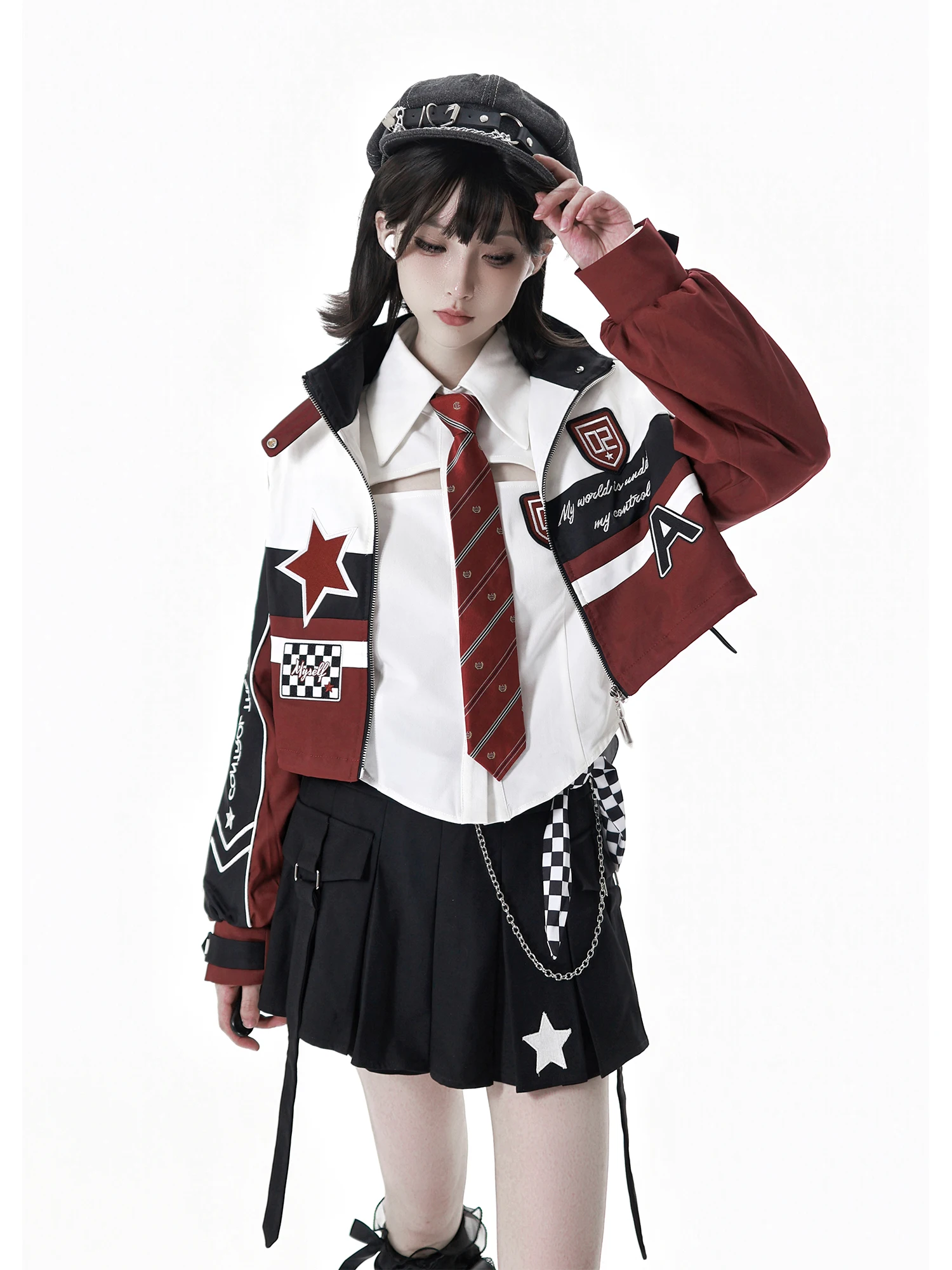الطالب الياباني الحلو بارد دراجة نارية نمط رياضية الخريف جديد المرأة Y2K البريدي سترة سترة طويلة الأكمام قميص تنورة مجموعة