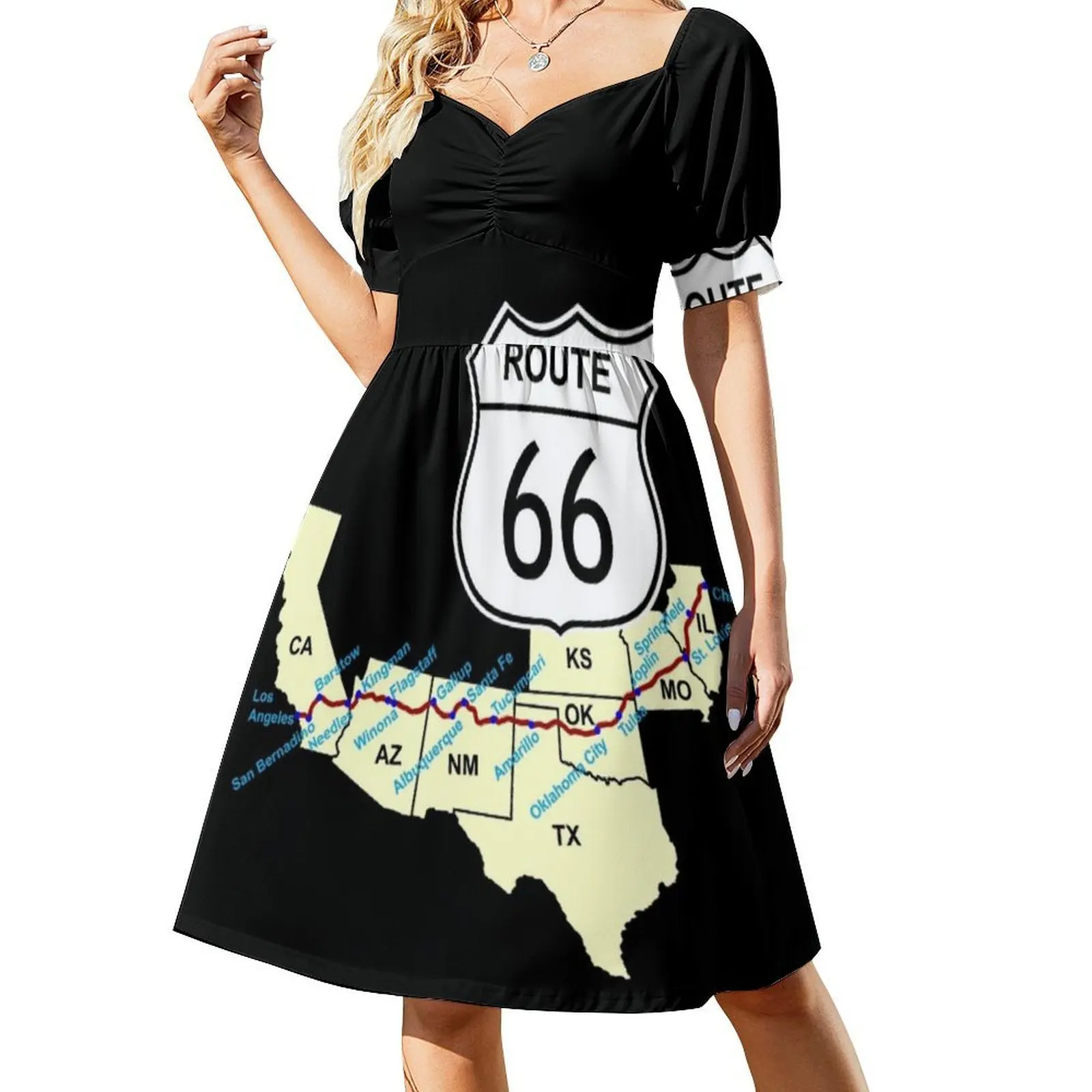 فستان Route 66 بخط عنق على شكل قلب فستان أنيق للحفلات الصيفية للنساء Route 66 فستان لرحلة الطريق للسفر للفتيات