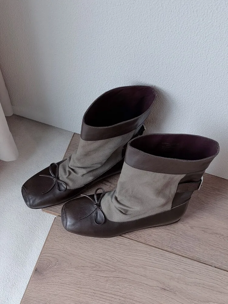 BANFANG 3.5CM Leather Patchwork Bow Slouchy Ankle Boots Women Soft Genuine Leather Square Toe Heel Slim Short Commuter Shoes