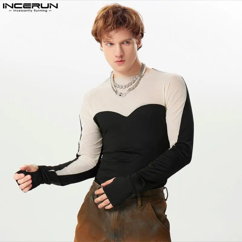 2024 Men Bodysuits Mesh Patchwork O-neck Long Sleeve Male Bodysuit Fitness Transparent Streetwear Fashion Rompers INCERUN S-5XL