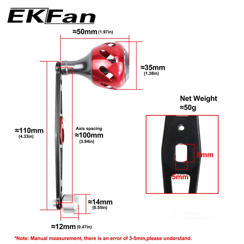 EKFan 110MM Aluminiumlegierung Baitcasting-Angelrollen-Griff für A/D/S 7*4/8*5mm Loch Links/Rechts Universalgriff DIY-Teil – Detail 2