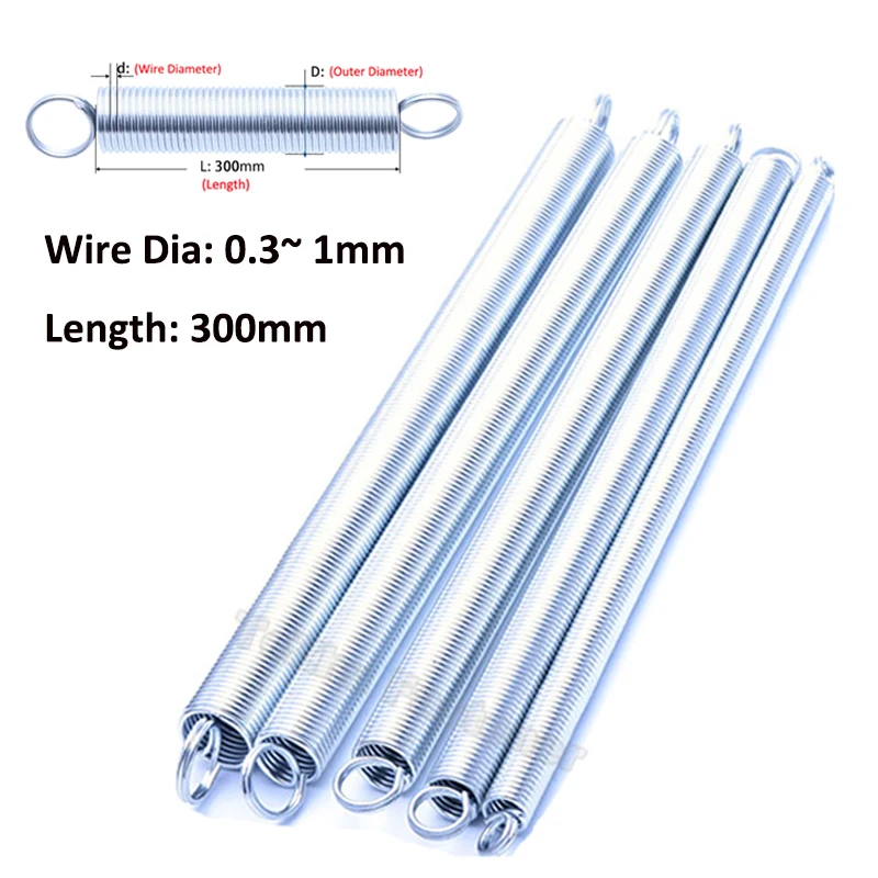 

1pc Zinc Plated Tension Stretching Spring Dual Hook Coil Extension Spring Steel Toy Furniture Car Wire Dia 0.3-1mm Length 300mm