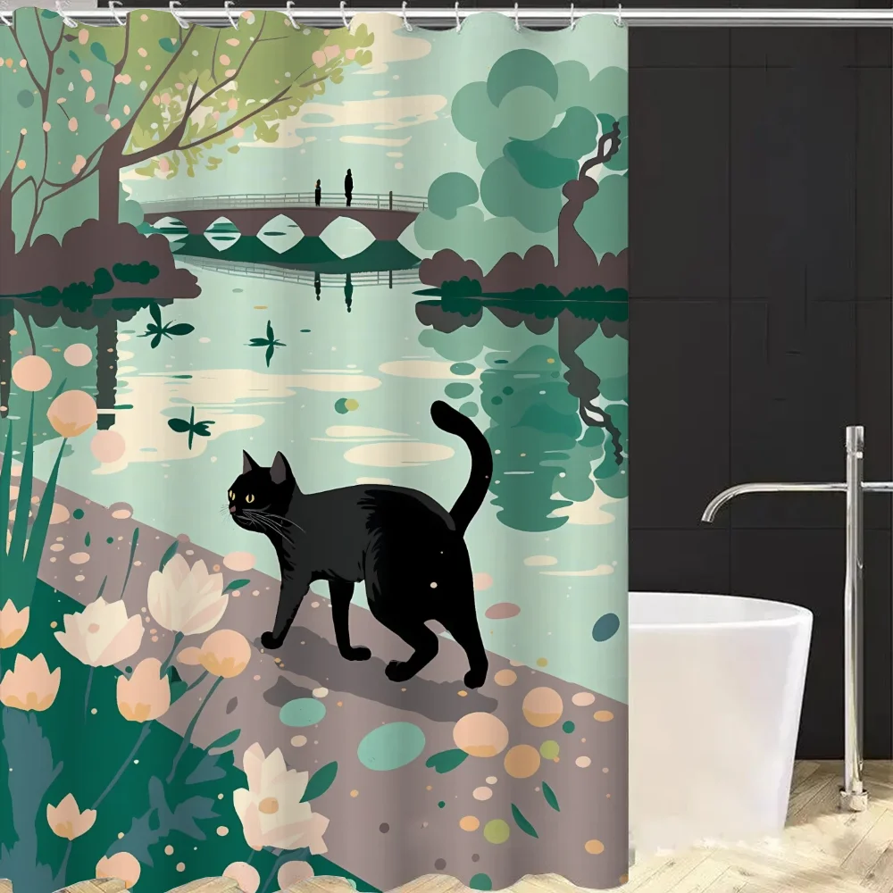 Black Cat Shower Curtains for Bathroom Showers Bath Folding Partition Curtain Accessories Bedrooms Waterproof Fabric Things the