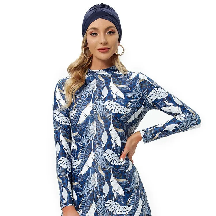 2026 New 3 Pieces Print High Neck Long Sleeve Modest Burkini Swimsuit Women Loose Tunic Full Leggings Hijab Islamic Bathing Suit