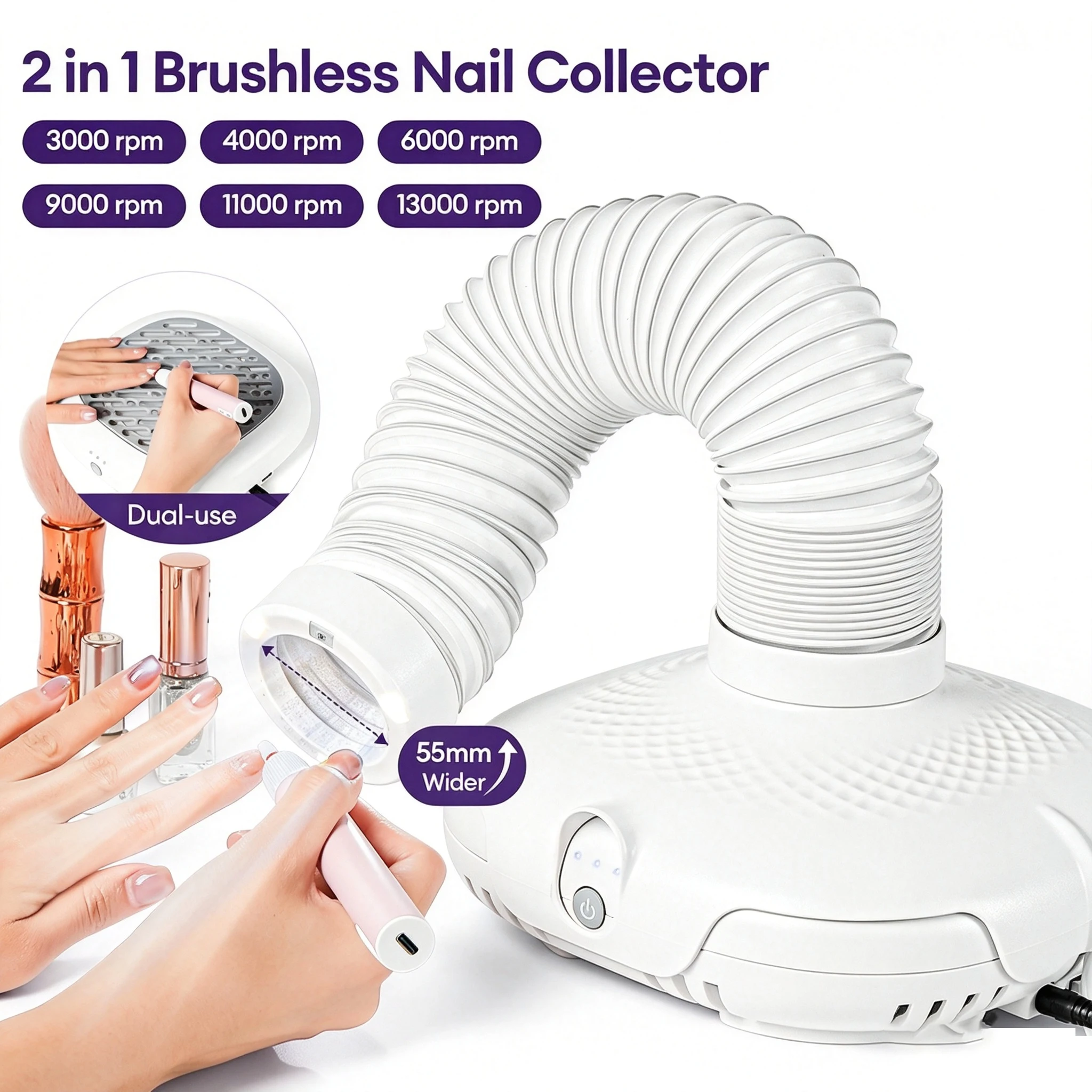 Potente Aspiratore di Polvere per Unghie a 6 Velocità, Estrattore di Polvere per Unghie 360 ° Aspiratore per unghie con tubo regolabile per manicure in salone e a casa