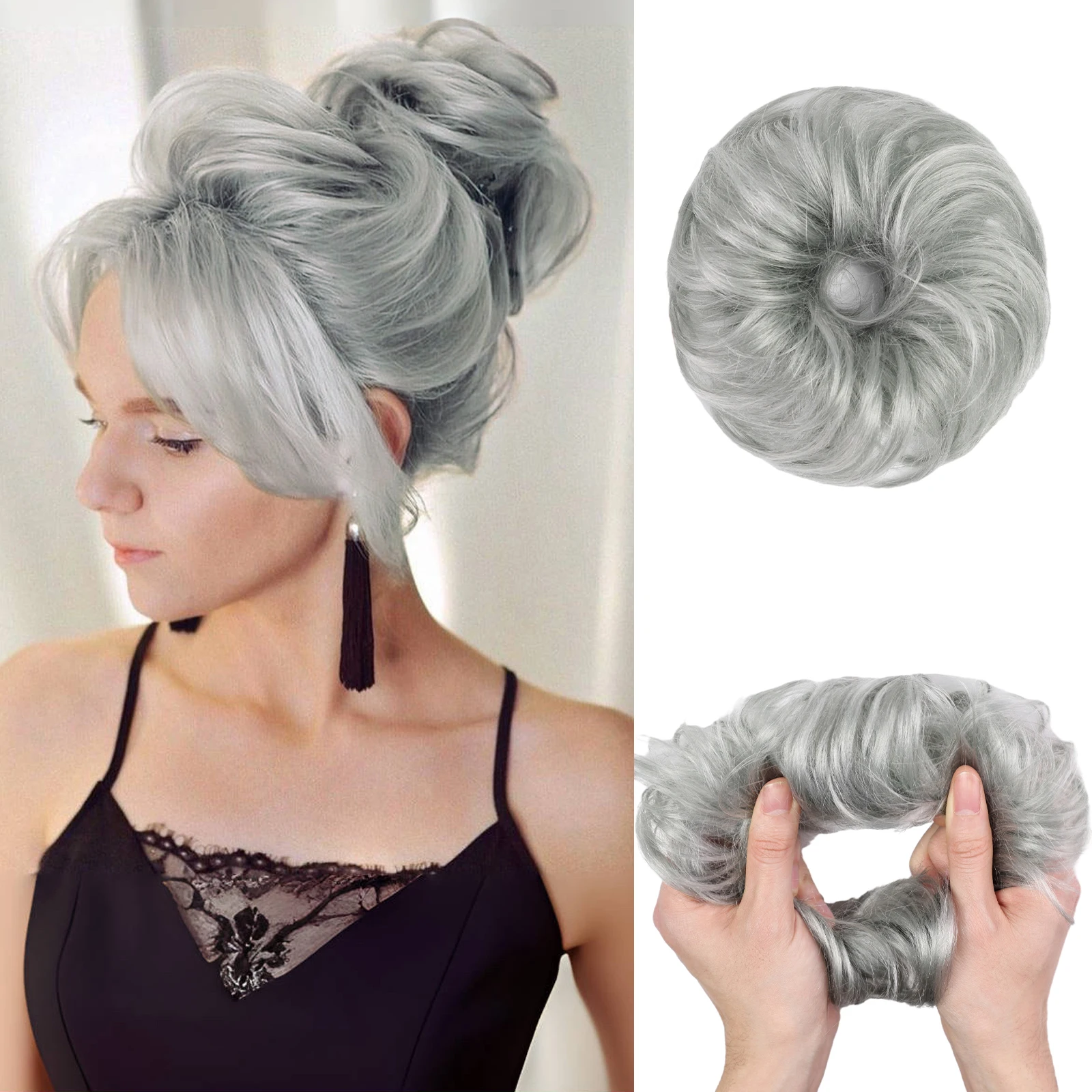 Gray Human Hair Messy Hair Bun Curly Chignon Extensions With Rubber Band 100% Human Hair Messy Bun Hair Piece for Women