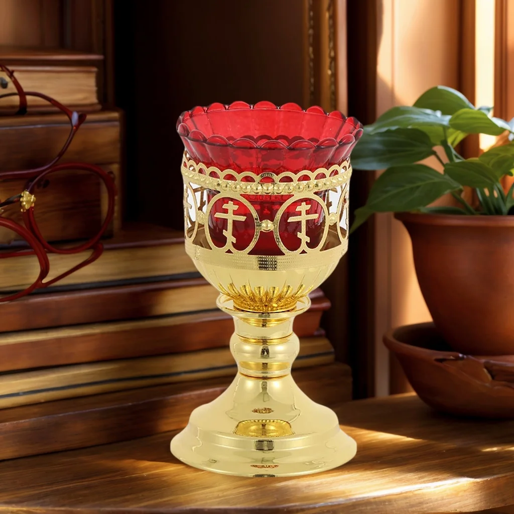 Antique Golden Metal Church Candle Holders with Red Glass Cups Christian Altar Decor Religious Ceremony Gift for Home Holidays