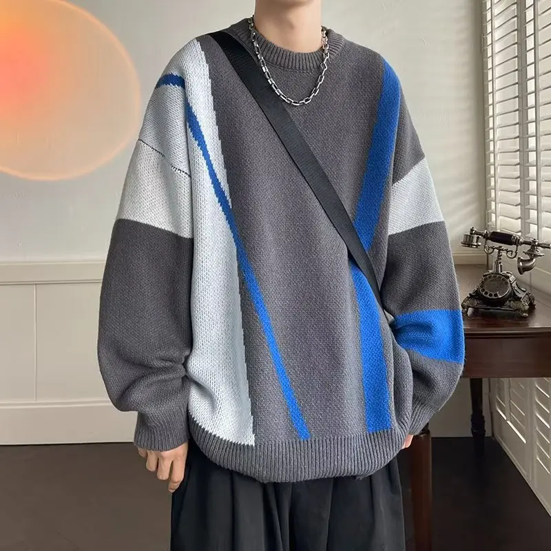 

Sweater Color Contrast Round Neck Sweater Loose and Handsome Casual Knitwear Hong Kong Style Youth Knitwear New Trend