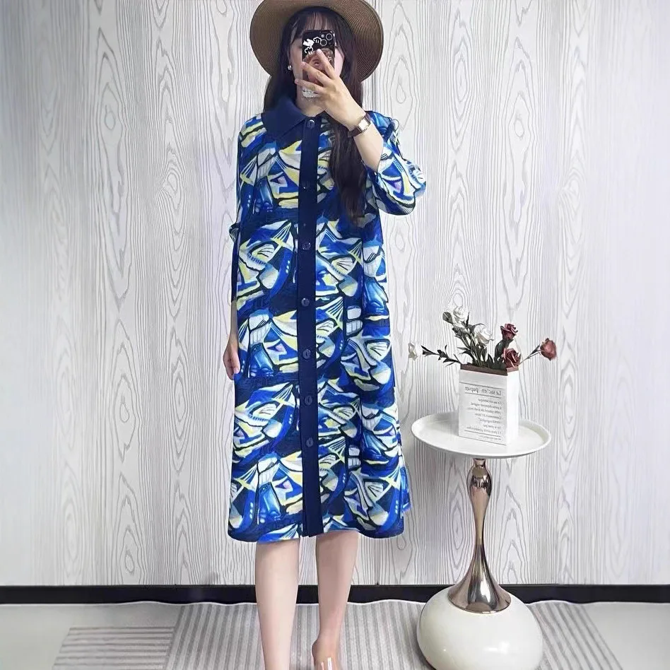 

Miyake Pleated Large Size Shirt Dress Women's 2024 Autumn New Colorblock Print Stand Collar Loose Fat MM Slim Stretch Cardigans