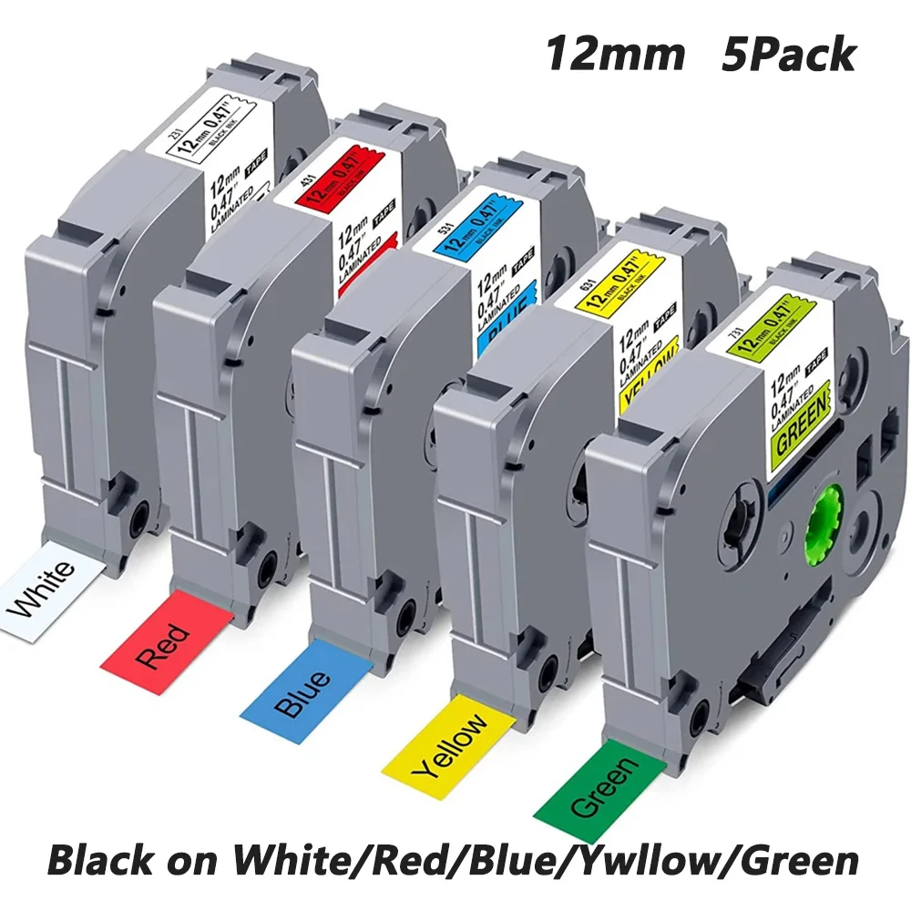 5PK Mix Color TZe Label Tape TZe231 TZe631 TZe431 Tze531 TZe731 Compatible Brother P-Touch Tape TZe 12mm 0.47inch Black on White