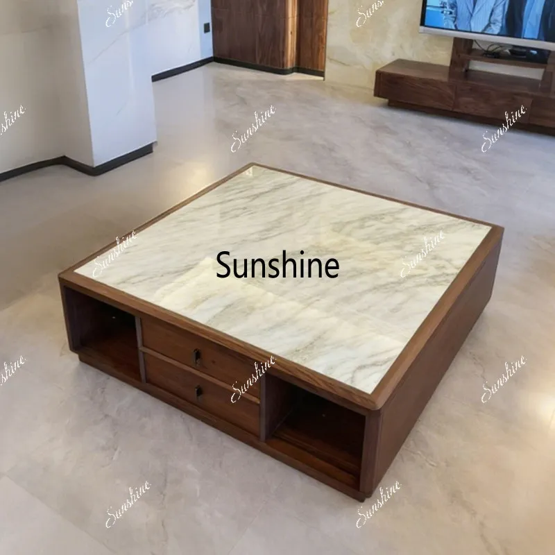 

High-end solid wood living room household simple square rock slab tea table