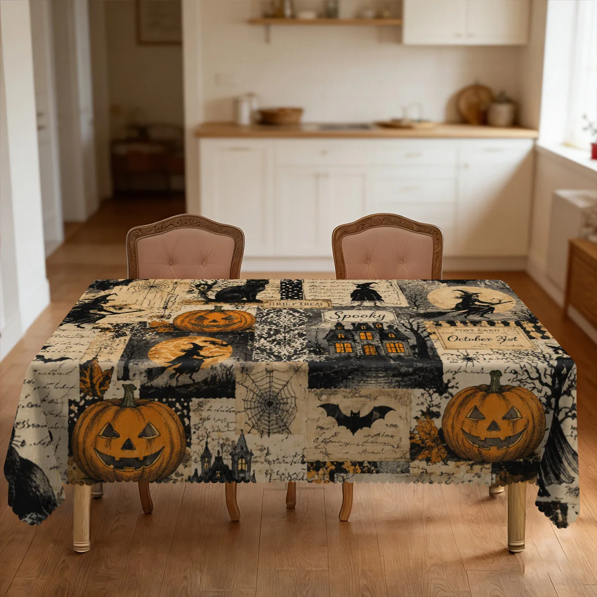 1 piece, Halloween-themed tablecloth, retro-style hand-painted pumpkin, cat, flying witch, castle, moon