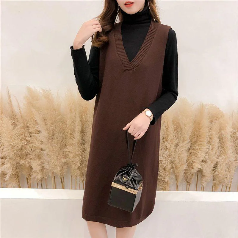 

Pullover Vest Autumn Medium Length Slim V-Neck Versatile Sleeveless Long Knitted Tank Top Dress Women Autumn Winter Sweater Vest