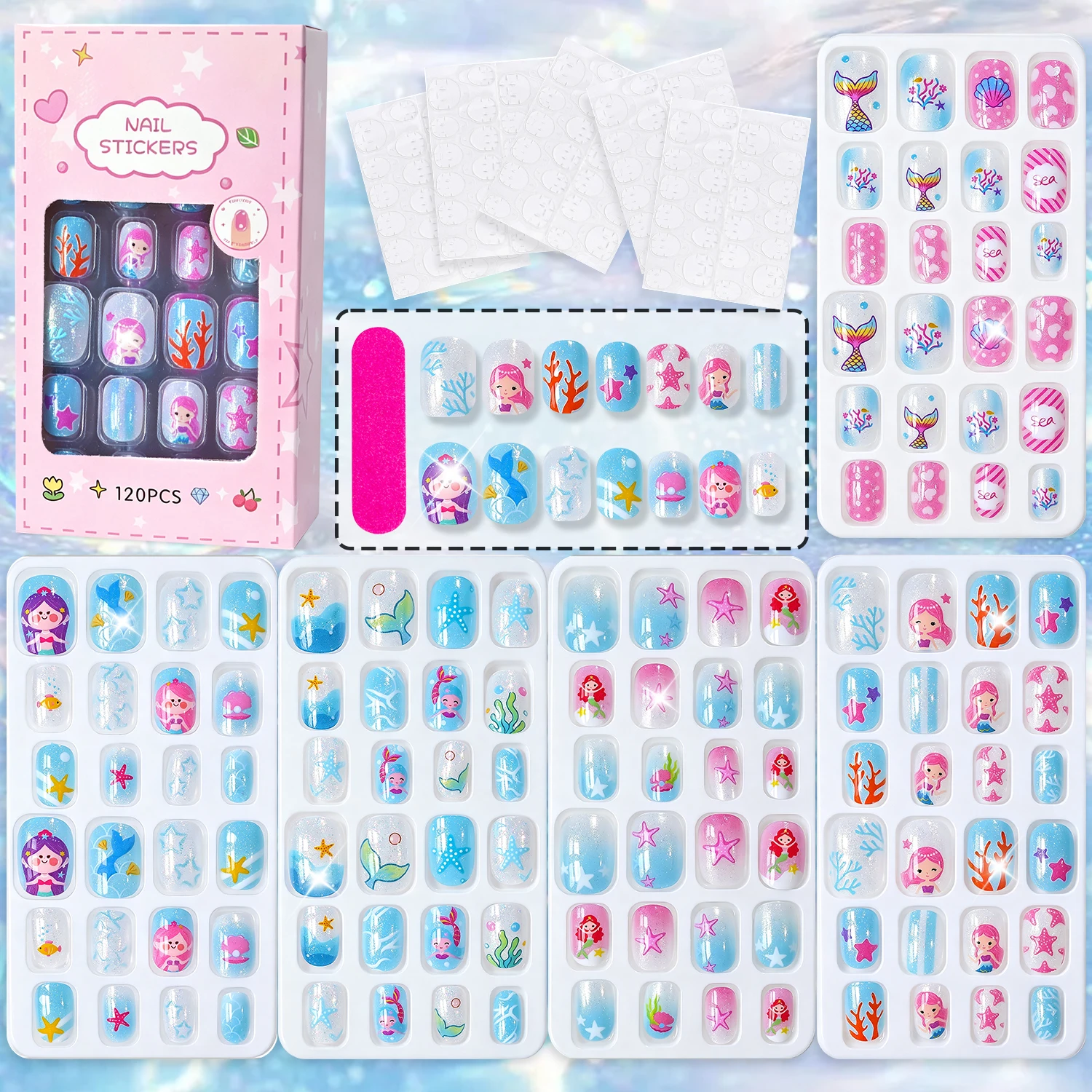 120Pcs Mermaid Princess Kids Press On Nails Starfish Shell Coral Short Round Fake Nail for Girls Birthday Party False Fingertips
