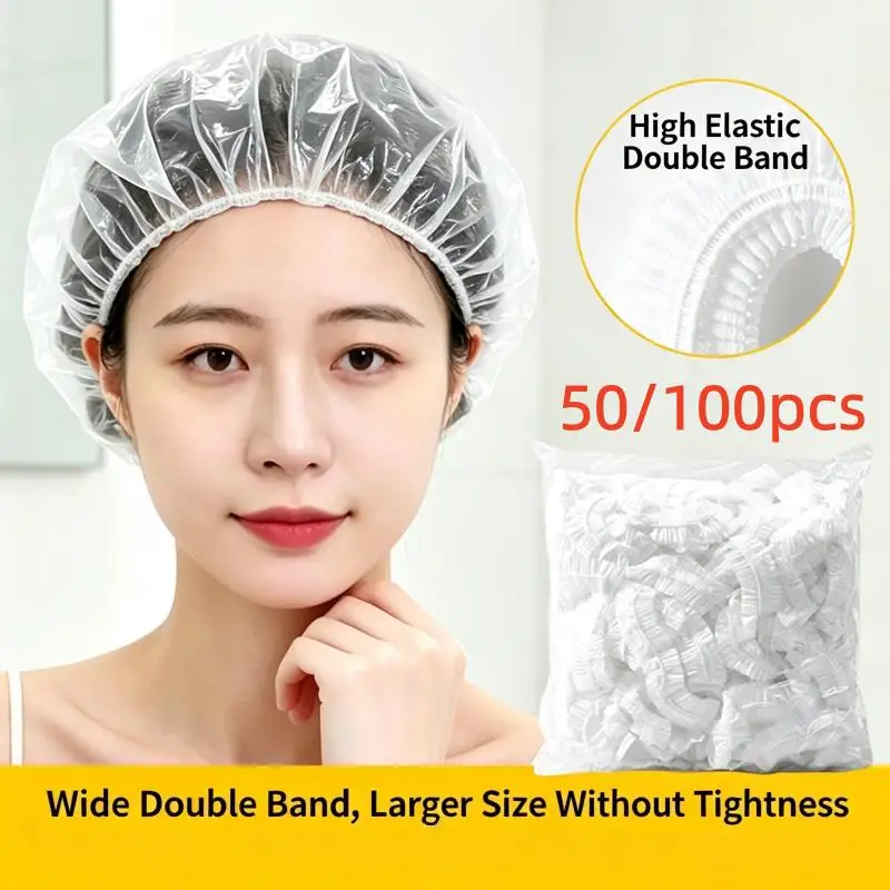 50/100PCS Disposable Shower Caps Large Size Waterproof PE Hair Caps Double Elastic Bath Cap For Hair Dyeing Salon Home Use