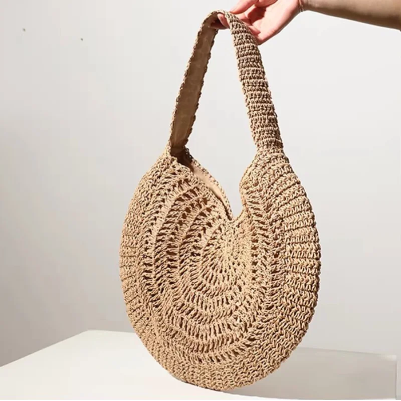

Большая соломенная сумка через плечо для женщин, повседневная вместительная сумка-полумесяц, легкая пляжная сумка ручной работы для летнего отдыха