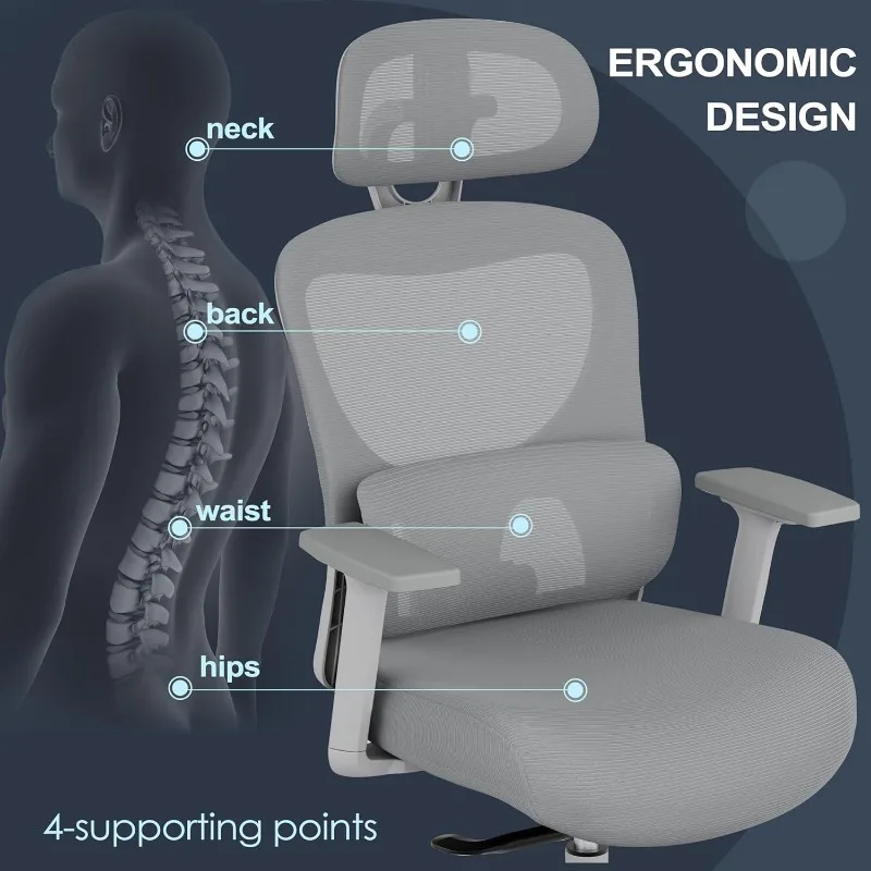 Kursi kantor, kursi meja ergonomis dengan penyangga pinggang dapat disetel, sandaran tangan 3D, sandaran kepala, Punggung miring 4 tingkat, kursi jaring rumah