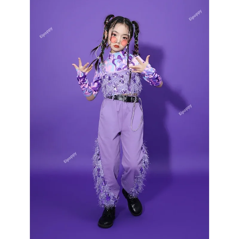 女の子のためのスパンコールジャズダンスパフォーマンスコスチューム、子供のための光沢のあるストリートウェア、ステージパフォーマンス、ファッショナブル