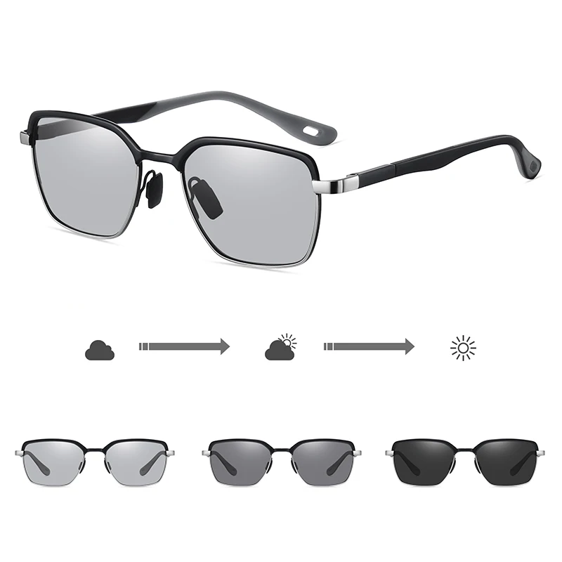 VCKA Kacamata Hitam Miopia Bisnis Persegi Kacamata Berkendara Fotochromic Terpolarisasi Pria Kacamata Resep Optik -0.50 Hingga -6.0