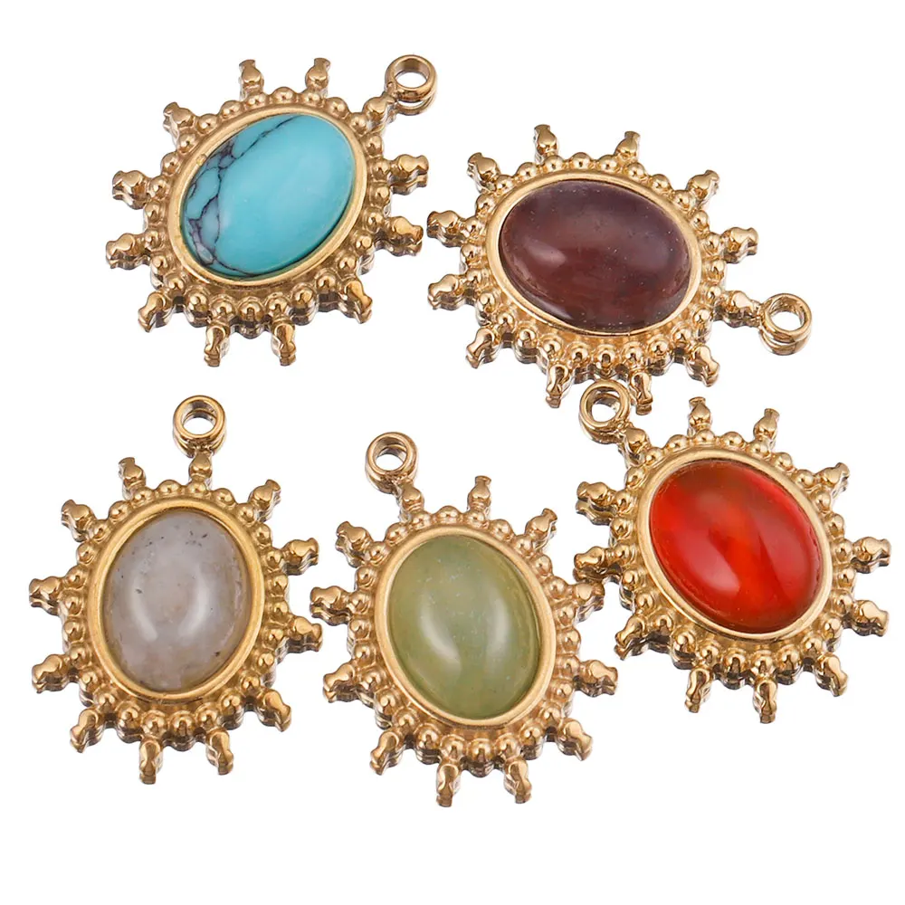 5 Stück Lot Edelstahl mit Naturstein Oval Charms Anhänger vergoldet für Baumeln DIY Ohrring Designer