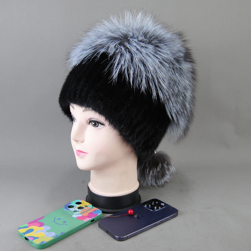 2025 Women Winter Luxury Knitted Real Mink Fur Hat Natural Warm With Silver Fox Fur Top Lady Mink Fur Cap Skullies & Beanies