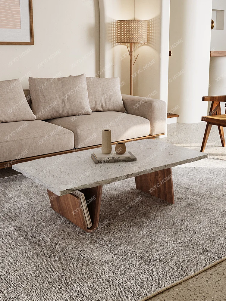 Minimalist solid wood travertine coffee table small apartment living room household rectangular luxury stone medieval retro