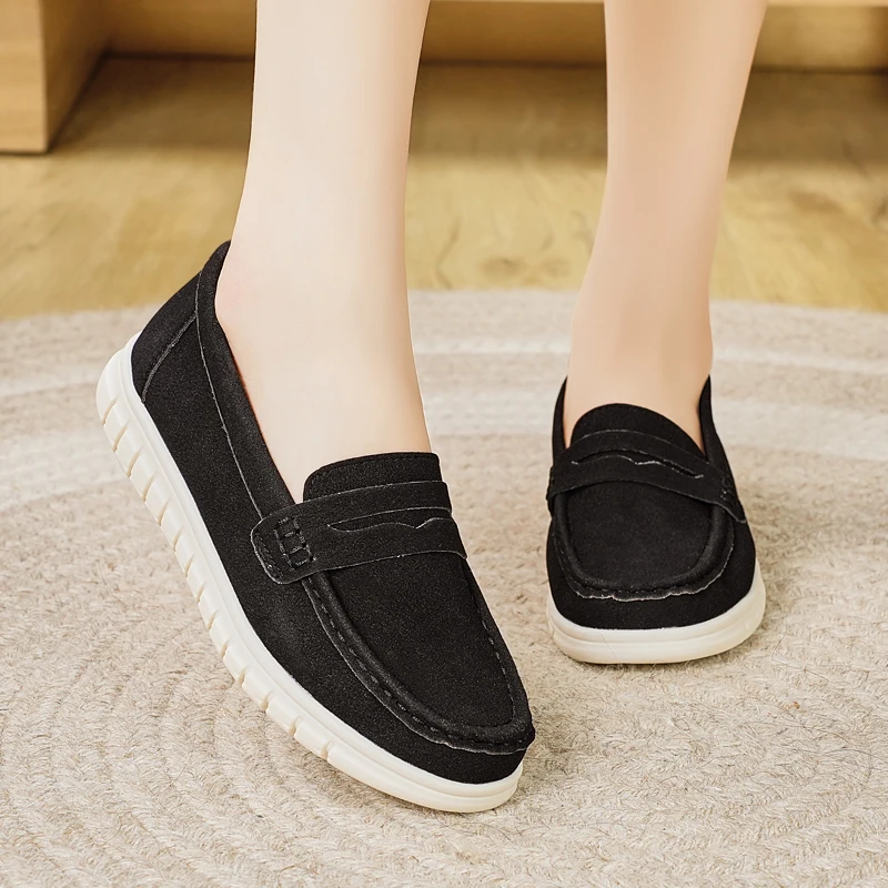 Fashion 2025 Pu Leather New Women Black Shoes Brand Casual Slip on Flat Shoes Single Shoes Ladies Walking Non Slip Femme