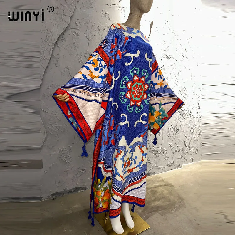 WINYI summer Runway Designer Elegant holiday party Dress Women Long Sleeve fashion Print Middle East robe Female loose kaftan