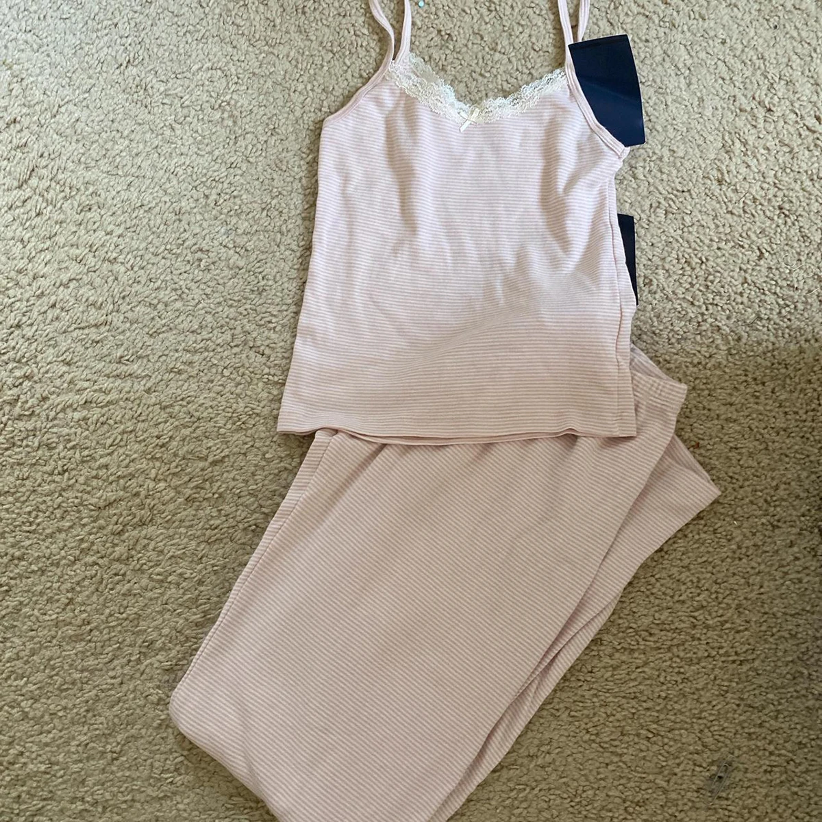

Pink Striped Cotton Cozy Pants Sets Lace Trim Bow Sleeveless Slim Tank Top+Straight Trouser Suit Casual Home 2 Piece Set Women