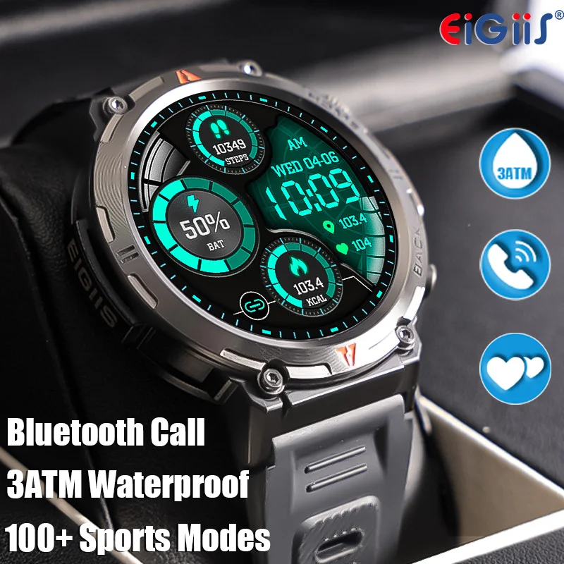 EIGIIS KE3 Smart Watch for Men with Flashlight 100+Sports Modes IP67 Waterproof Fitness with Heart Rate Sleep Tracker Smartwatch