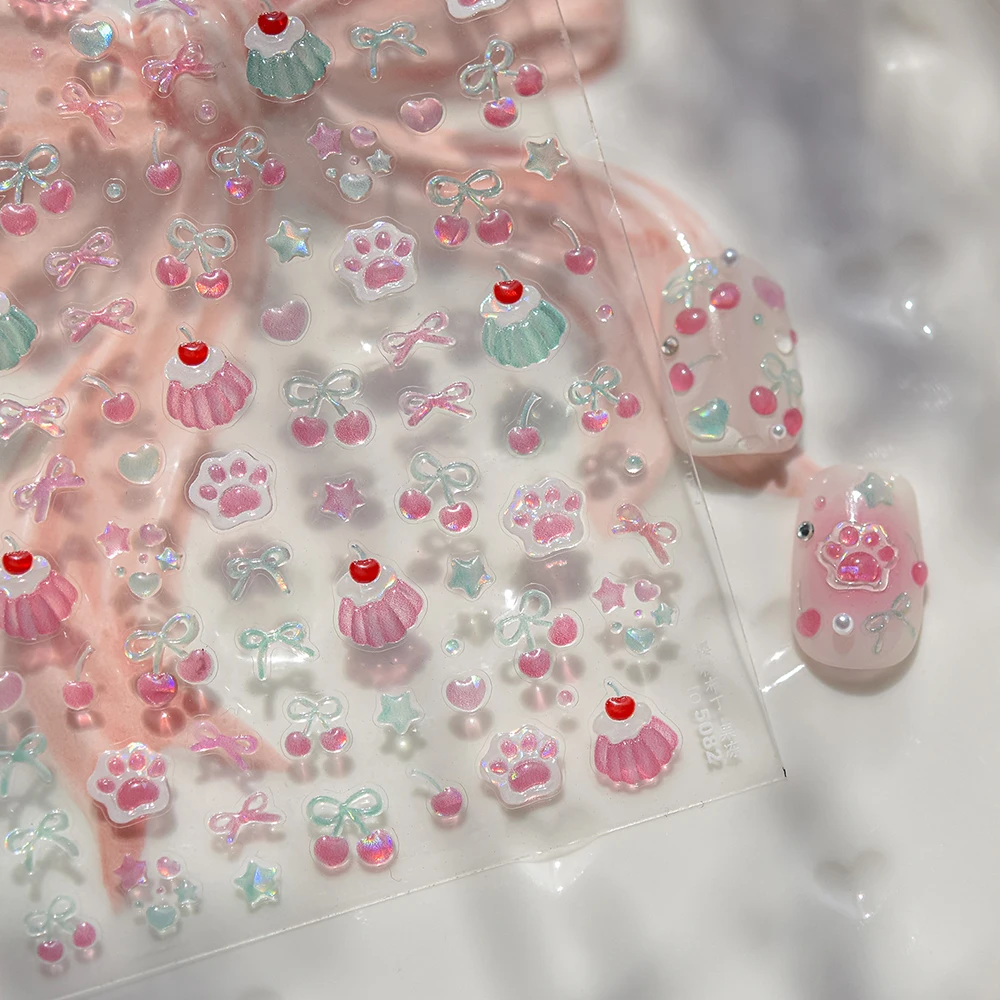 5d cereja geléia arte do prego adesivos kawaii cão pata impressão transparente arco prego slicker decalques manicure diy adesivo slider decoração