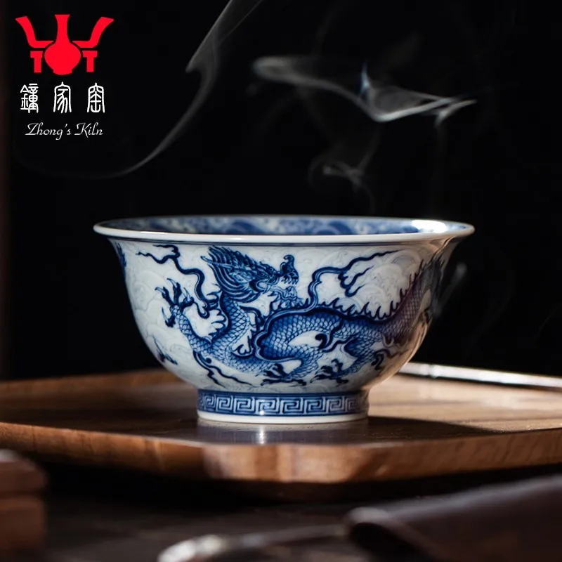 Zhongjia Kiln Master Cup Jingdezhen Blue and White Wood Kiln Dragon Pattern Ceramic Cup Personal High-End Kung Fu Tea Set Tea Ta