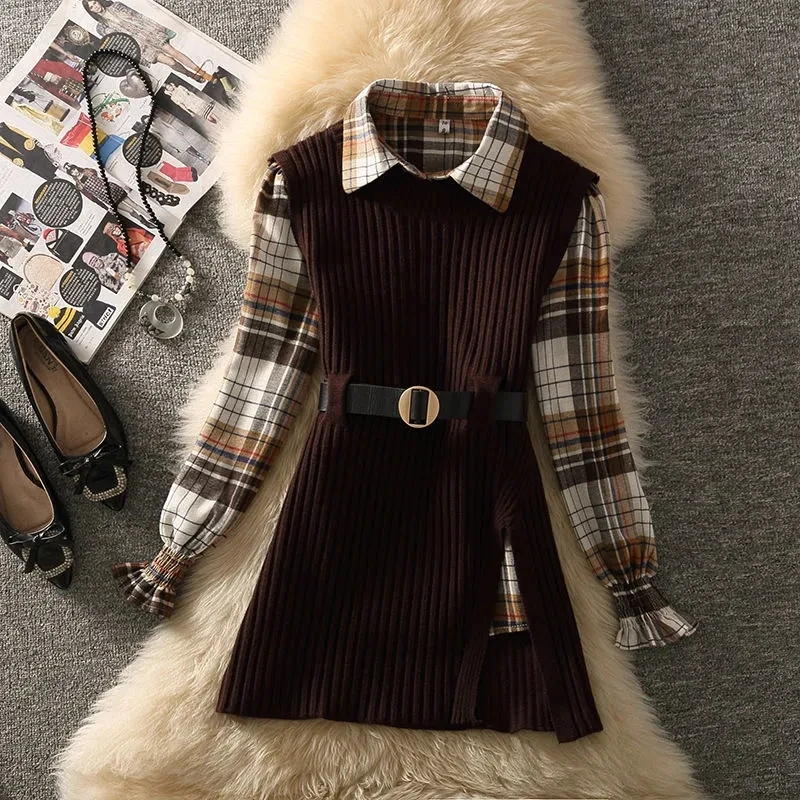 Fall Winter Two Pieces Suits Casual Outfits Womens Vintage Loose Plaid Blouses Top+split Knit Tank Top Fashion Clothing Female