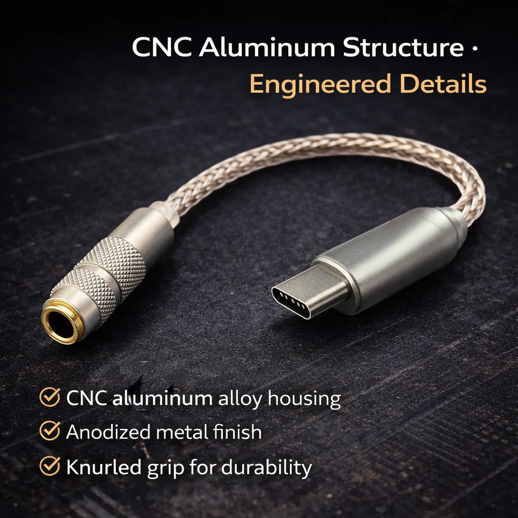 LingYan Digital USB-C Hi-Fi DAC Adapter, Dual-Chip CX31993 + MAX97220, 32-Bit/384kHz, 8-Core Silver Cable, Metal Housing