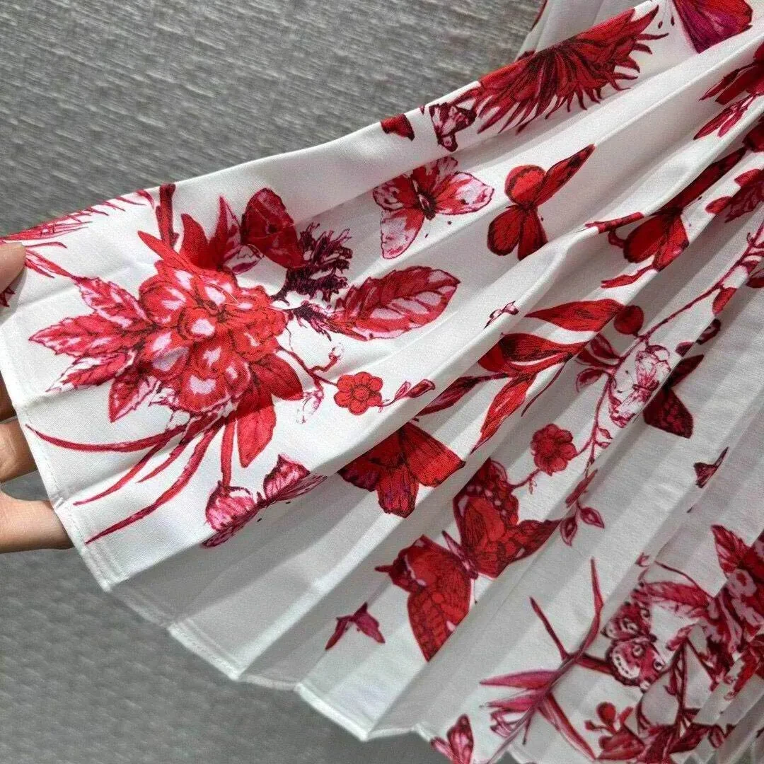 2024 New Fashion Red Floral Butterfly Print Pattern Long Skirts Womens High Waist Big Bottom Sweet Pleated Skirt