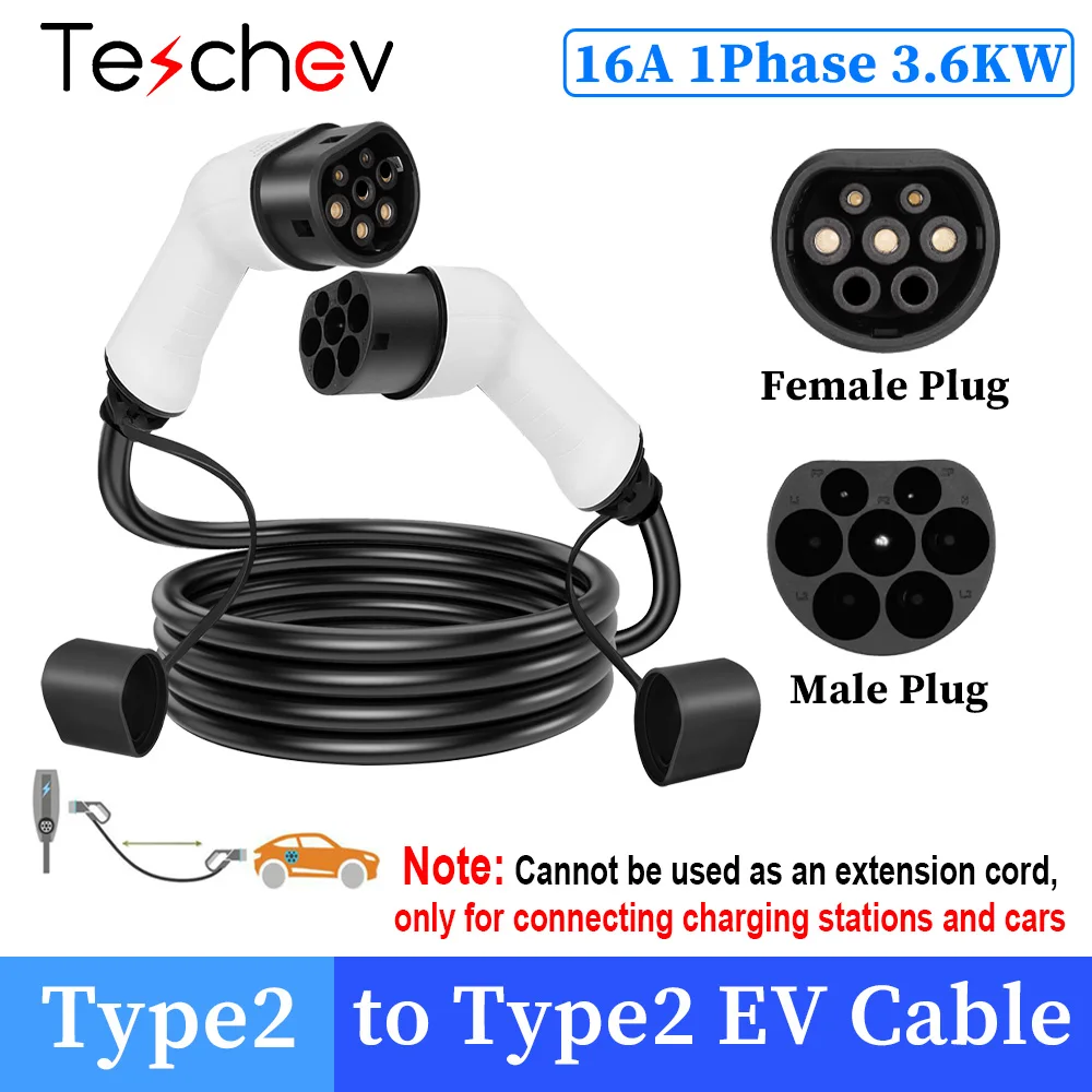 Teschev EV-oplaadkabel 16A 11KW 3-fase elektrische autolader 7KW 32A 1 fase EV-kabel Type 2 naar Type 2 IEC62196-2 - afbeelding 1