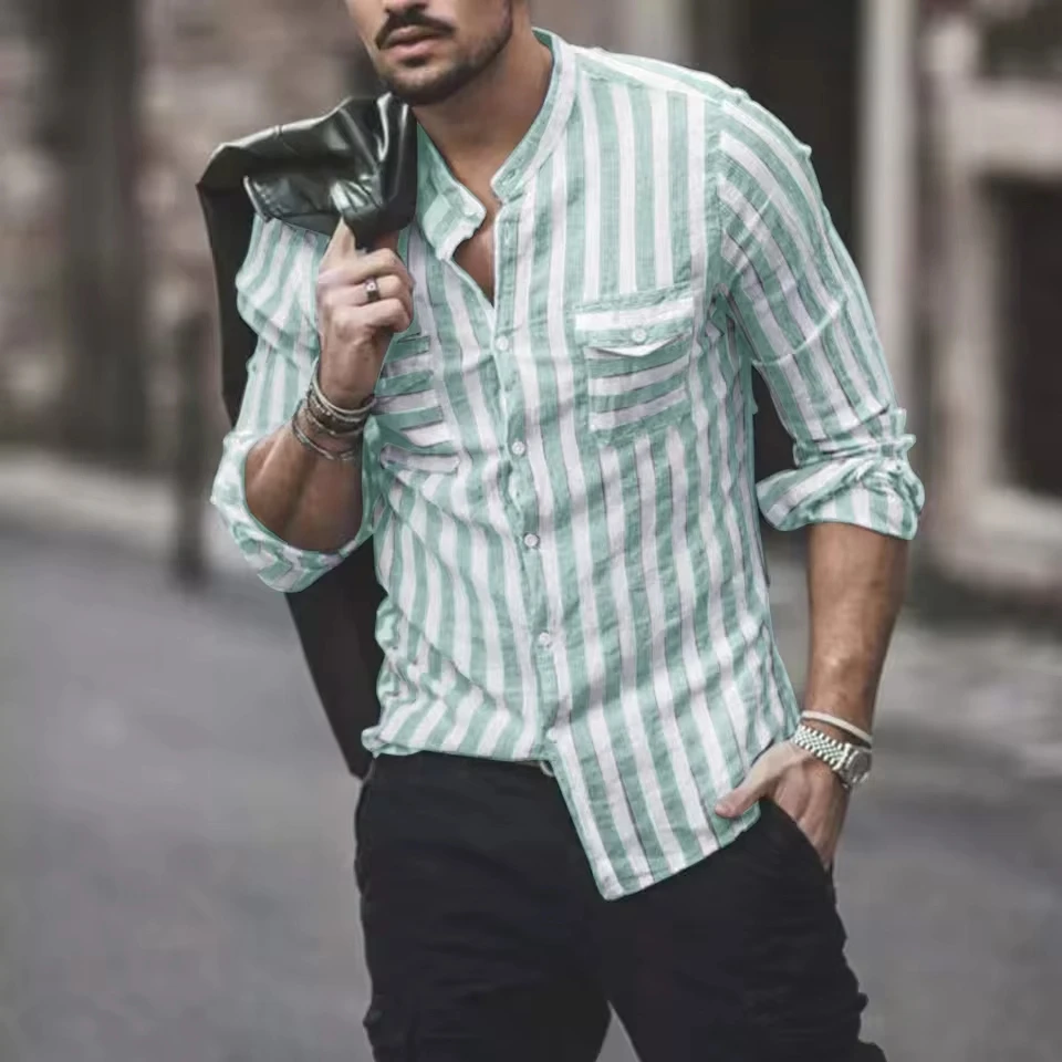 Fashion Classic Fit Men'S Button Down Shirt Mens Fashion Casual Striped Pocket Long Sleeve Shirt Top Shirts For Man 셔츠