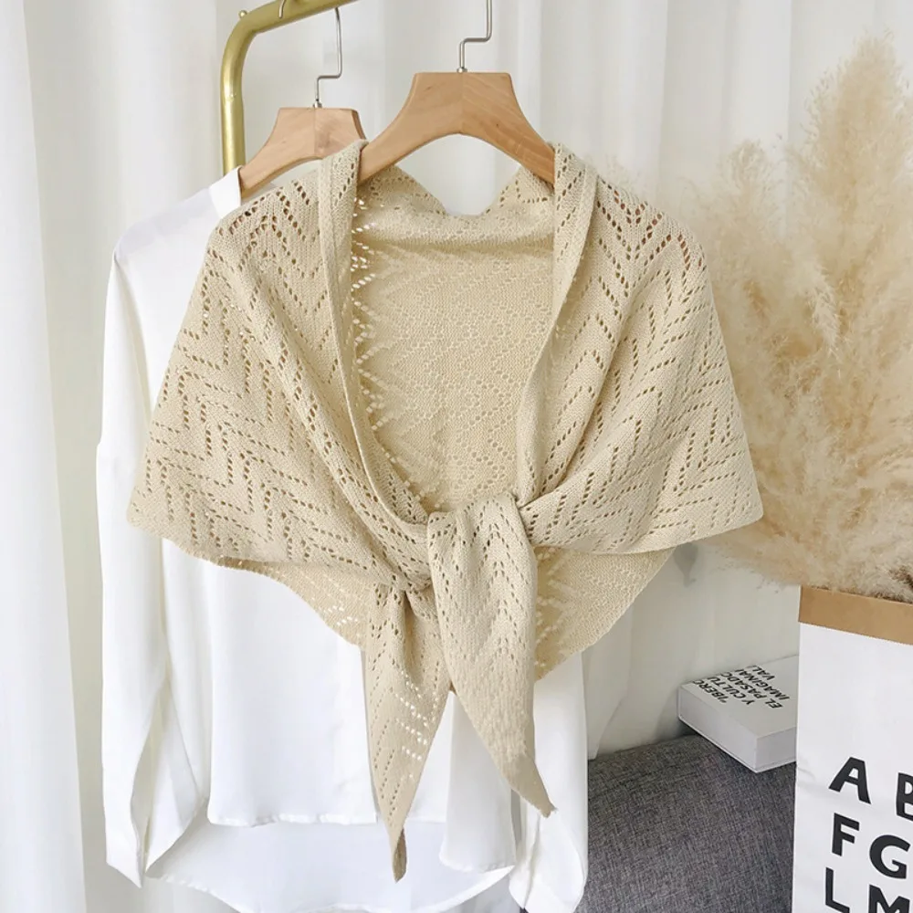 Triangle Shape Striped Cutout Cape Warp Knitting Korean Style Sun Protection Cape Terylene Solid Color Stripe Knitted Shawl