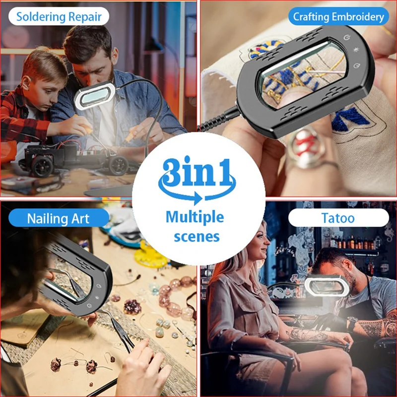 ABKO-Schwanenhals-LED-beleuchtete Schreibtischlampe mit 10-facher rechteckiger Lupe, inklusive Ständer – flexible 5 Farbmodi