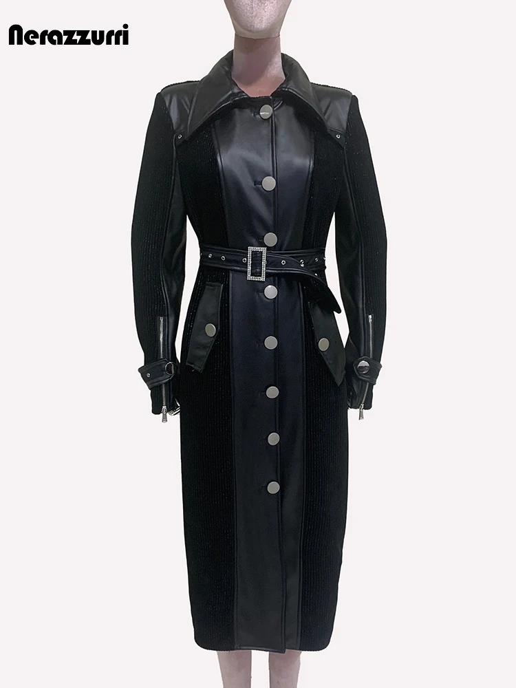 Nerazzurri Autumn Long Fitted Black Corduroy Patchwork Pu Leather Coat for Women Belt Elegant Chic Luxury Designer Clothes 2024