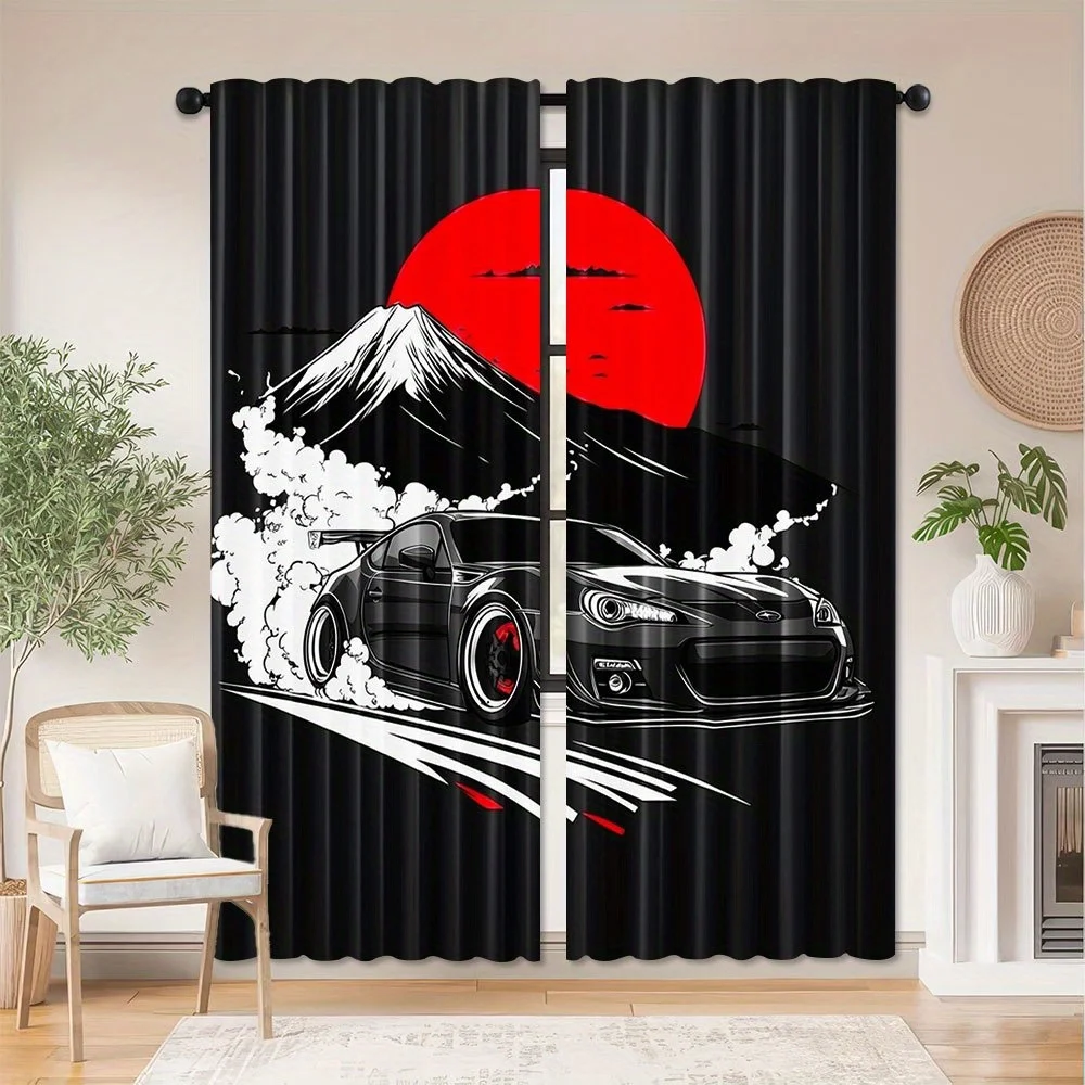 2pcs JDM Sports Car Curtains Polyester Semi Blackout Drapes for Bedroom Living Room Drift Mount Fuji Art Home Window Treatments