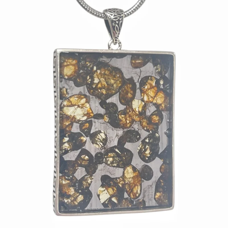 Natural Seymchan Meteorite Pendant Genuine Pallasite Meteorite Slice Silver Setting Cosmic Stone Collectible Necklace LK601