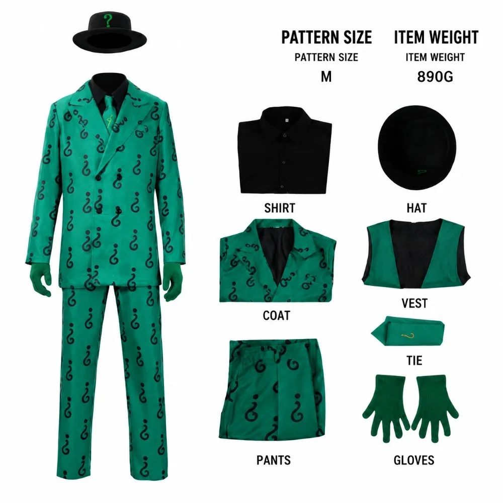 Gotham Villain Green Suit Set, Question Mark Print Blazer & Trousers for Men Halloween Costume view 3