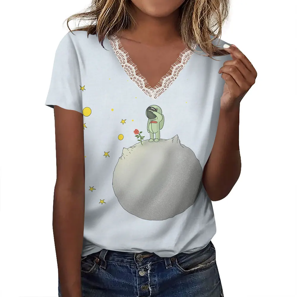 The Little Prince Cartoon Print Short Sleeve Lace Neckline V-neck Tops Funny Loose Tees Blouse Summer Streetwear Daily Pullover