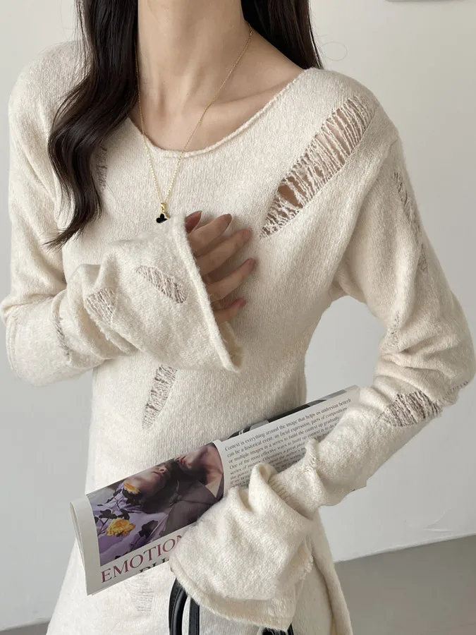 Autumn Faion Maglione di media lunghezza da donna + Pantaloni a gamba larga Set di due pezzi Design con foro chic Abbigliamento casual Vestibilità comoda Taglia per adulti