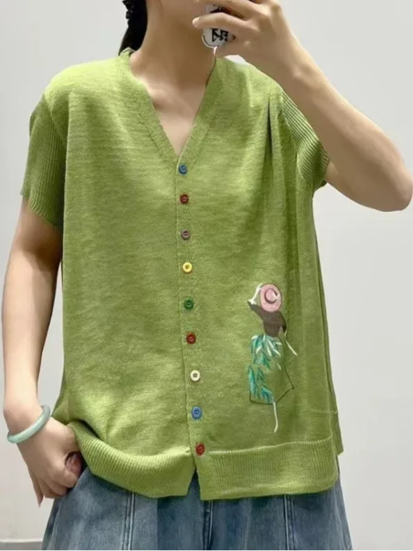 

Summer Lightweight Knitted V-Neck Short Sleeve Casual Cardigan plus Size Women's Printed Color Block Button-Up Top