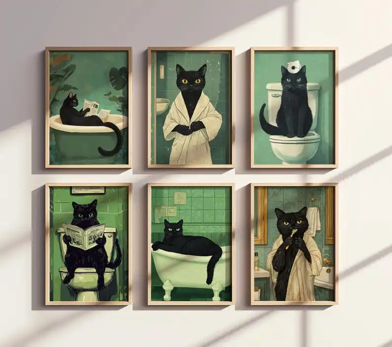 Image of Set aus 6 ungerahmten lustigen Katzen-Badezimmer-Drucken, verspielte Tier-Wandkunst-Poster für Badezimmerdekoration, niedliche Toiletten-Humor-Kunst