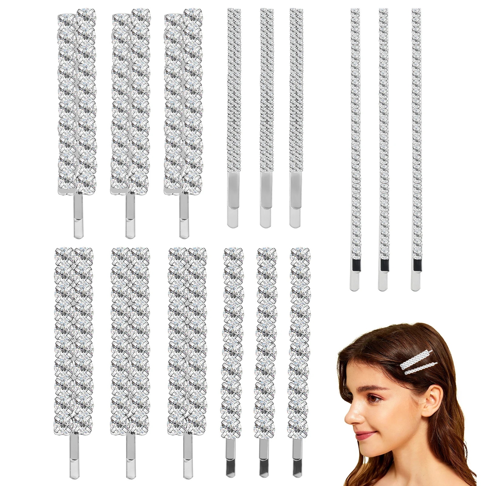 

15 Pcs Rhinestone Hair Clips Stylish Silver Design Lightweight Portable Fashionable Women Accessories Birthday Gift