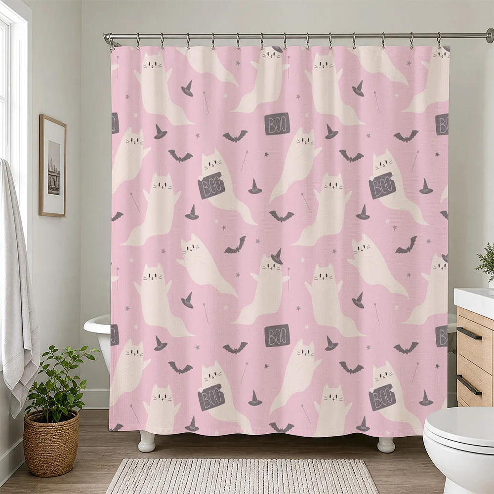 Adorable Pink Halloween Shower Curtain Bathroom Decor Novelty Boo Skeleton Bone Pattern Waterproof Shower Curtain for Home Bath