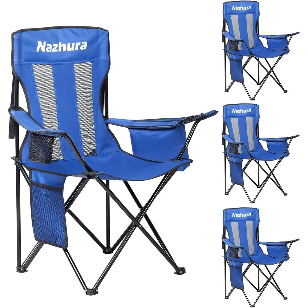 4 Pack Outdoor Camping Chairs olding/oldable/Portable with Cooler Pouch, Mesh Backrest and Cup Holder ket (Blue, Metal, 4 Pack)